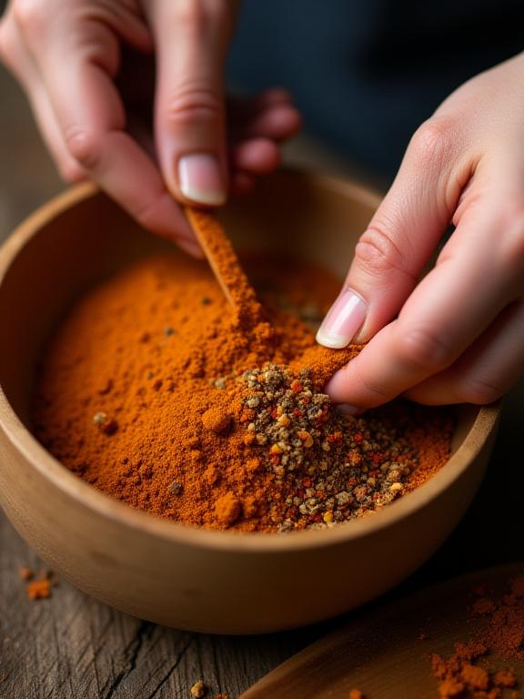 Close-up of hands carefully mixing a blend of colorful, coarse spices in a wooden bowl.