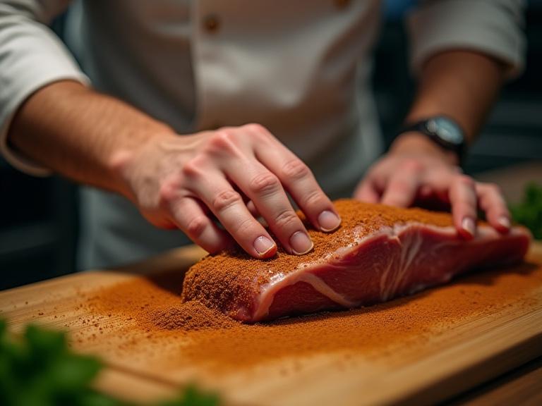 A chef demonstrating a spice rubbing technique on a piece of meat.